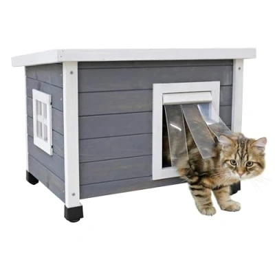 Afbeelding van Kerbl Pet Rustica Kattenhuis van hout, klapdeur met lamellen, plexiglas raam, in hoogte verstelbare kunststof poten, grijs/wit, 57 x 45 43 cm