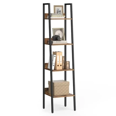 Afbeelding van VASAGLE boekenkast, ladder plank, open, met 4 niveaus, metalen frame, voor woonkamer, slaapkamer, keuken, studeerkamer, kantoor, industrieel ontwerp, vintage bruin zwart LLS108B01
