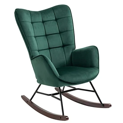 Afbeelding van MEUBLE COSY Schommelstoel voor borstvoeding, retro, vrije tijd en rust, van fluweel, met poten E&#039; hout, metaal, woonkamer, slaapkamer, massief, groen, 66 x 84 97 cm