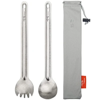 Afbeelding van TiTo titanium Milieuvriendelijke ultralichte lepel en vork met lange steel voor kamperen, wandelen, reizen, picknick, servies tas, 2 stuks,