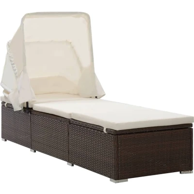 Afbeelding van Ligbed met luifel en kussen poly rattan bruin