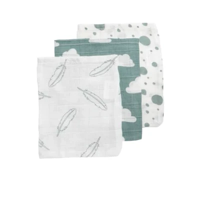 Afbeelding van Meyco Baby Clouds/Dots/Feathers washandjes 3 pack hydrofiel stone green 20x17cm