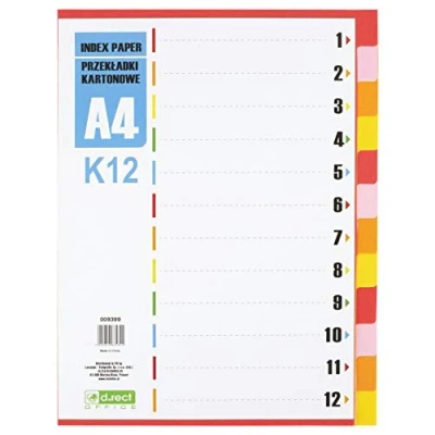 Image de D.RECT intercalaires A4, K12, 12 intercalaires, à anneaux, onglets avec chiffres imprimés 1 12, multicolores, séparateurs de couleurs en carton