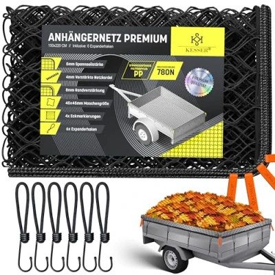 Afbeelding van KESSER® Aanhangernet 2 x 3 m fijnmazig Ophangnet met trekkoord en netkoord containernet voor het vastzetten van de lading veiligheidsnet hoekmarkeringen