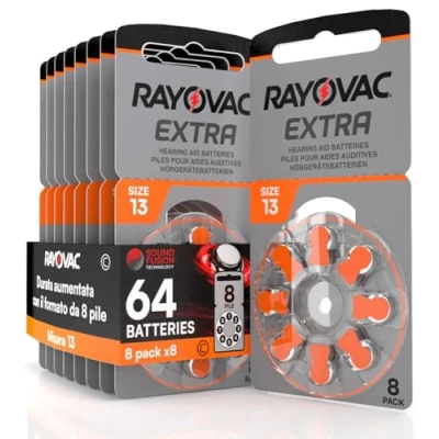 Afbeelding van 64 Hearing Aid Batteries Rayovac Extra Advanced 13. 8 blisters met batterijen