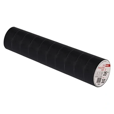 Afbeelding van EMOS PVC isolatietape zwart verpakking van 10, 25 mm x 10 m, 0,13 banddikte, zelfklevend, hoge spanningssterkte en gebruikstemperatuurbereik, UV bestendig, waterdichte verbinding, zonder textielweefsel