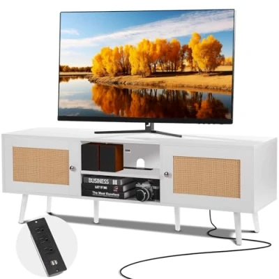 Image de VEVOR Meuble TV en Rotin pour Téléviseur 65&quot; Banc avec Prise Intégrée Blanc