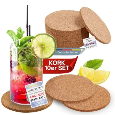Afbeelding van wortek onderzetters van kurk, rond, 10 cm, voor raclette, thee, koffie, cocktail, bar