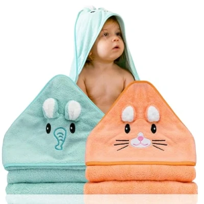 Afbeelding van Set van 2 badhanddoeken met capuchon voor baby&#039;s, cadeau idee geboorte, jongens, badcape dieren, 0 3 jaar, zachte babybadjas, originele babybadhanddoek, cadeaus pasgeborenen