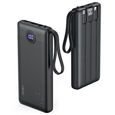 Afbeelding van VRURC Externe batterij, geïntegreerde kabel, 10.000 mAh, powerbank, USB C, 5 uitgangen, ultradun, draagbare batterij met led display voor iPhone Huawei Samsung (zwart)