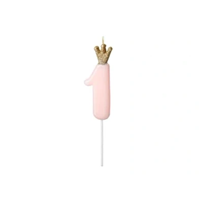 Afbeelding van Taartkaars 1 jaar roze goud gouden kroon 1st birthday candle meisje themafeest