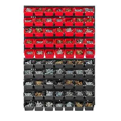 Afbeelding van KADAX Werkplaatswandrek, 58 x 78 cm, opslagsysteem van robuust kunststof, uv bestendig, uitbreidbare wandplaten, garageplank, zwart en rood, 70 stuks