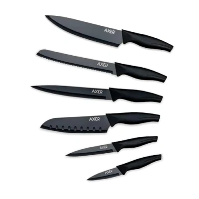 Afbeelding van Axer keukenmessenset, zwart, 6 delig, professionele roestvrij staal, Ultra Sharp, set koksmessen