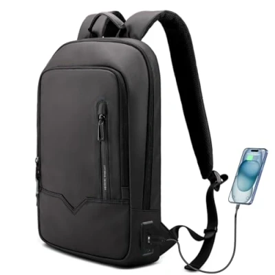 Afbeelding van Laptoprugzak voor heren, licht, dun, waterdicht, met USB oplaadpoort, compacte tas, kantoor, werk, outdoor, 39,6 cm, zwart., Zakelijk