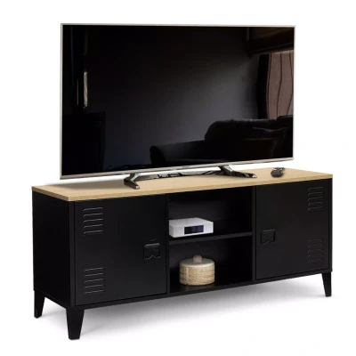 Image de Meuble TV ESTER 2 portes métal noir et plateau bois design industriel 113 cm