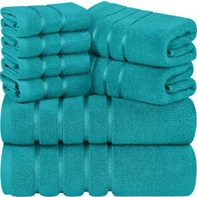 Afbeelding van Set van 8 katoenen handdoeken met viscosestrepen en hanger, 2 badhanddoeken, handdoeken, 4 washandjes (turkoois)