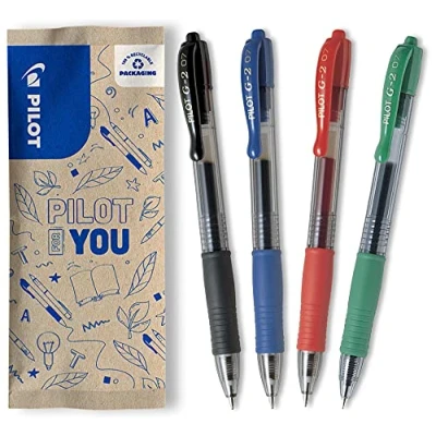 Afbeelding van Pilot set van 4 g2 intrekbare en hervulbare gel inkt rollerball pennen, gerecyclede plastic zwart, blauw, rood, groen, medium punt