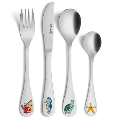 Afbeelding van Sola Zeedieren Kinderbestekset 4 Delig Kinder Bestek Zilverwit Edelstaal 18/10 Kraamcadeau Baby cadeau Niet Vaatwasserbestendig Zilver