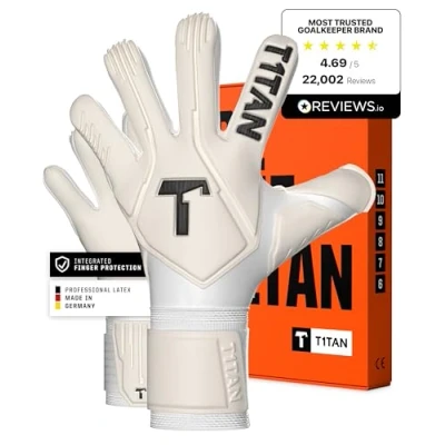 Afbeelding van T1TAN Legend White Out gants de gardien but avec protection des doigts, pour enfants et adultes, professionnels, mousse adhésive Gecko Grip 4 mm, fabriqués en Allemagne, taille 11