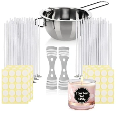 Afbeelding van COM FOUR® Kaarsenproductieset 243 delige accessoireset voor het maken van kaarsen kaarslonten, smeltpot, lonthouder en lontstickers (243 stuks starterset)