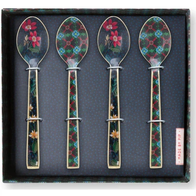 Afbeelding van Pip Studio Berry Blues Blue theelepels set van vier geëmailleerde lepels donkerblauw met bloemen