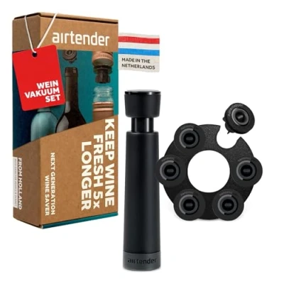 Afbeelding van Airtender vacuüm wijnstopper set (Vacuümpomp, 6x nanostopper, Bewaarclip)