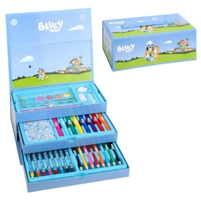 Afbeelding van Set met kleuren voor kinderen, 52 delige kleurset en schrijfwarendoos laden, teken schilderset (Bluey)