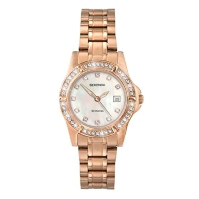 Afbeelding van Sekonda Dames 28 mm Stone Set Dress Watch 50m Water Resistant Date Window, Wit/Rose Gold, Armband, Wit/Roségoud, armband