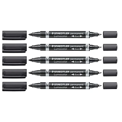 Afbeelding van STAEDTLER Lumocolor Permanent Duo Marker, fijne en middelgrote punt, waterbestendig, sneldrogend, oplaadbaar, lange levensduur, 5 zwarte markers, 348 9X