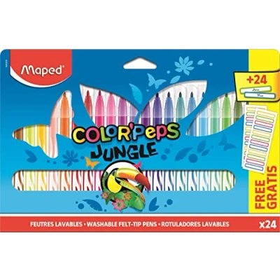 Afbeelding van Maped Jungle Color&#039;Peps viltstiften 24 voornaamlabels gratis afwasbaar en droog ideaal voor schoolbenodigdheden kartonnen tas