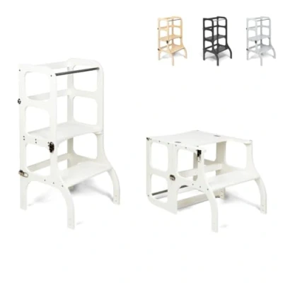 Afbeelding van Ette Tete Step &#039;n Sit Leertoren Wit met zilveren clips Inklapbaar tot tafel en stoel Learning Tower Montessori inspired Keukentrap Keukenhulp Leerstoel Veilig Duurzaam