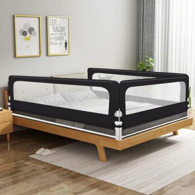 Afbeelding van Barrière de Lit pour Les Tout Petits, réglable en Hauteur, Cadre métal Robuste Bébé Sécurité, Métallique Anti Chute, Noir 150 * 70 26cm