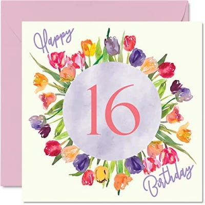 Afbeelding van Mooie 16e verjaardag kaarten voor vrouwen aquarel tulpen boeket verjaardagskaart haar, dochter, kleindochter, zus, 145 mm x