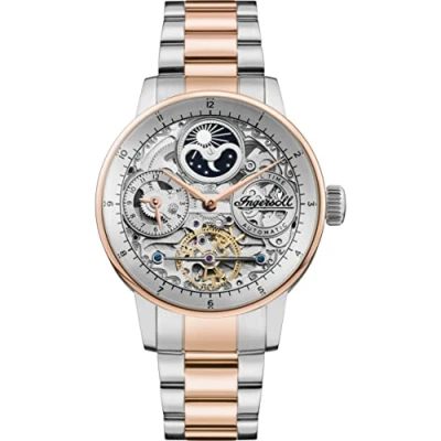 Afbeelding van Ingersoll The Jazz I07706 Automatisch herenhorloge met zilverkleurige skeletwijzerplaat en 42 mm tweekleurige roestvrijstalen armband, zilver/roségoud, één maat, zilver/roségoud., Armband
