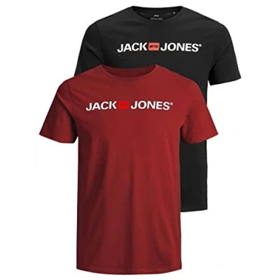 Afbeelding van Jack &amp; Jones Jjecorp Logo Tee Ss Crew Neck Noos T shirt voor heren, Set van 2 (1 Dahlia rood, 1 zwart)