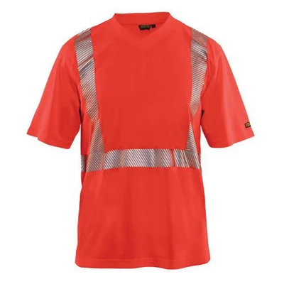 Image de T shirt anti UV haute visibilité rouge fluorescent, col en V