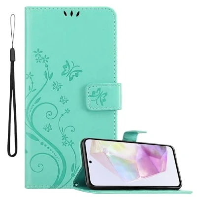 Afbeelding van Cadorabo Hoesje geschikt voor Samsung Galaxy A35 in BLOEMEN TURKOOIS Beschermhoes bloemmotief met magnetische sluiting, standfunctie en kaartsleuven Book Case Cover Etui