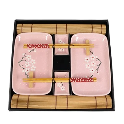 Afbeelding van Exzact Sushi Dienbladen 10 Stuks/Servies 2 x Platen, Duikkommen, Bamboemat met Basis, Eetstokjeshouders, Paar Eetstokjes Geschenkdoos