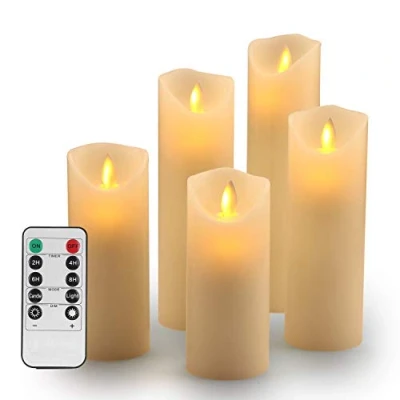 Afbeelding van Vlamloze led kaarsen van echte was: 5 stuks op batterijen D2,2 x H 5,5 inch 6,5 7 8 flikkerende waskaarsen met afstandsbediening en timerbediening, ivoorkleurig (5