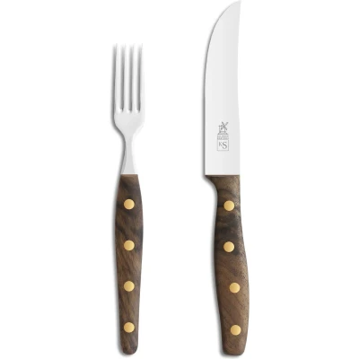 Afbeelding van Robert Herder K Steakvork en Steakmes Breed RVS Glad Lemmet 12.5 cm Heft Walnotenhout