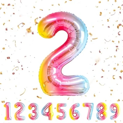 Afbeelding van Ballonnen verjaardag 2 jaar regenboog 101 cm ballon nummer decoratie vliegen met helium