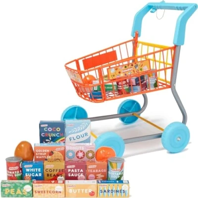 Afbeelding van Casdon Kleurrijke boodschappentrolley voor kinderen vanaf 3 jaar, uitgerust met alles wat je nodig hebt om te winkelen, oranje en blauw