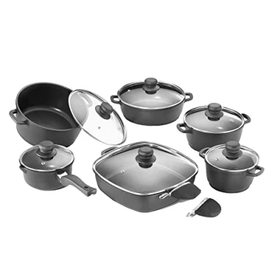 Afbeelding van Pannenset (gegoten aluminium, 12 delig, Teflon Classic antiaanbaklaag, incl. glazen deksel en 2 thermogrips) zwart