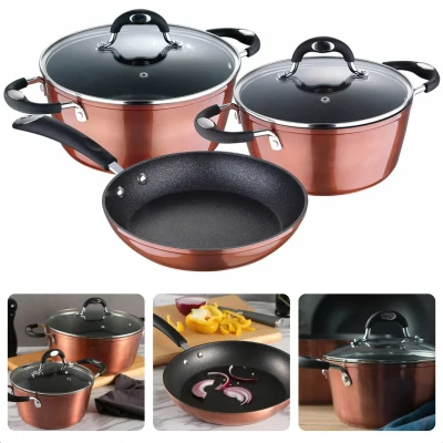 Afbeelding van Cheqo® Pannenset met Marmeren Laag 5 Delig Gesmeed Aluminium Kookpannen Anti aanbaklaag Alle Warmtebronnen Ook voor Inductie