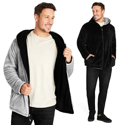 Afbeelding van CityComfort Omkeerbaar warm fleecejack voor heren en tieners met doorlopende ritssluiting, maat M tot 3XL, zwart.