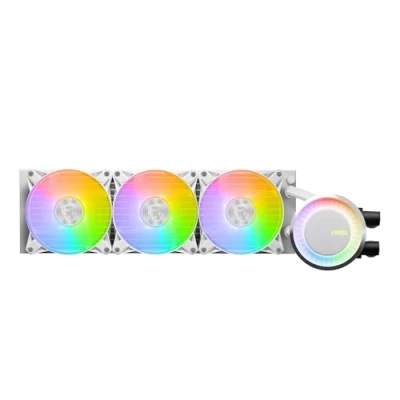Image de MSI MAG CORELIQUID E360 Système de refroidissement liquide processeur Taille radiateur : 360 mm (pour LGA1156, LGA1155, LGA1150, LGA1151, AM4, TR4, sTRX4, LGA1200, LGA1700, AM5) base cuivre 120 blanc