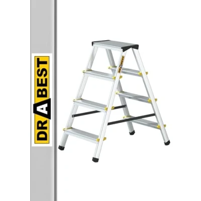 Afbeelding van DRBAEST Ladders PRO serie 4 treden ladder, opvouwbaar, dubbelzijdig, aluminium, comfortabel, antislip, maximale belasting 150 kg