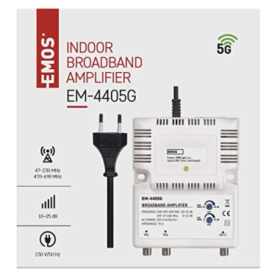 Afbeelding van EMOS 25 dB breedbandversterker (frequentiebereik 47 230 MHz, 470 698 MHz) voor DVB T2, kabel tv of antennes, 1 ingang, 2 uitgangen, 10,5 x 13,5 4 cm