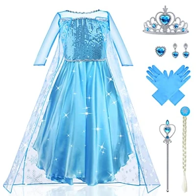 Afbeelding van URAQT Elsa Prinsessenkostuum voor kinderen, prinsessenkostuum, met accessoires, toverstaf, prinses, kroon, kostuum, glanzend, luxe feestjes, cosplay