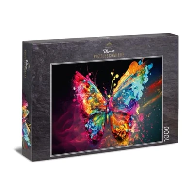 Afbeelding van Ulmer Puzzleschmiede Vlindereffect 1000 stukjes vlinderpuzzel kleurrijke vlindervleugels als kleurexplosie op antraciet achtergrond puzzelkwaliteit Made in Germany